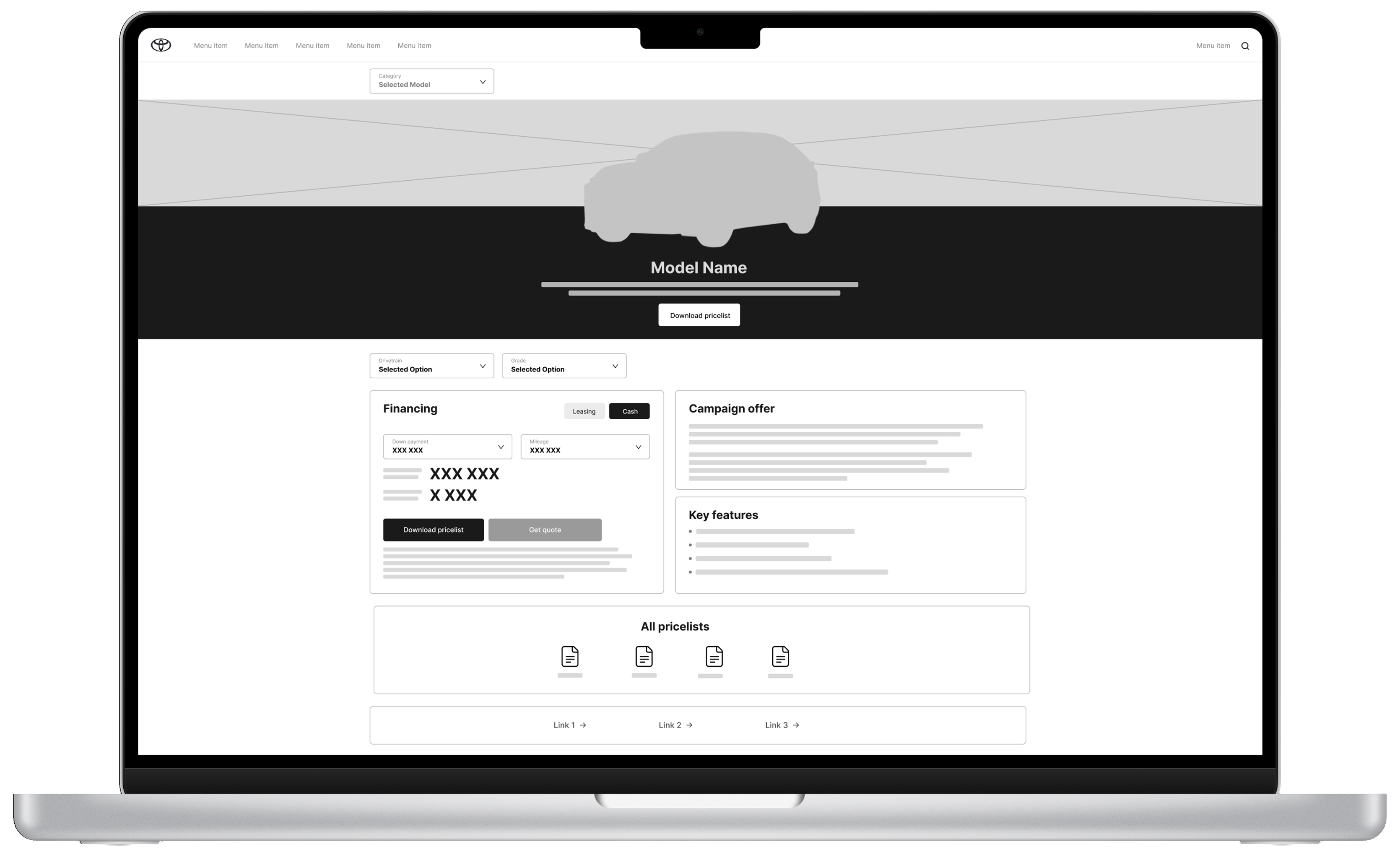 Desktop wireframe – modellside